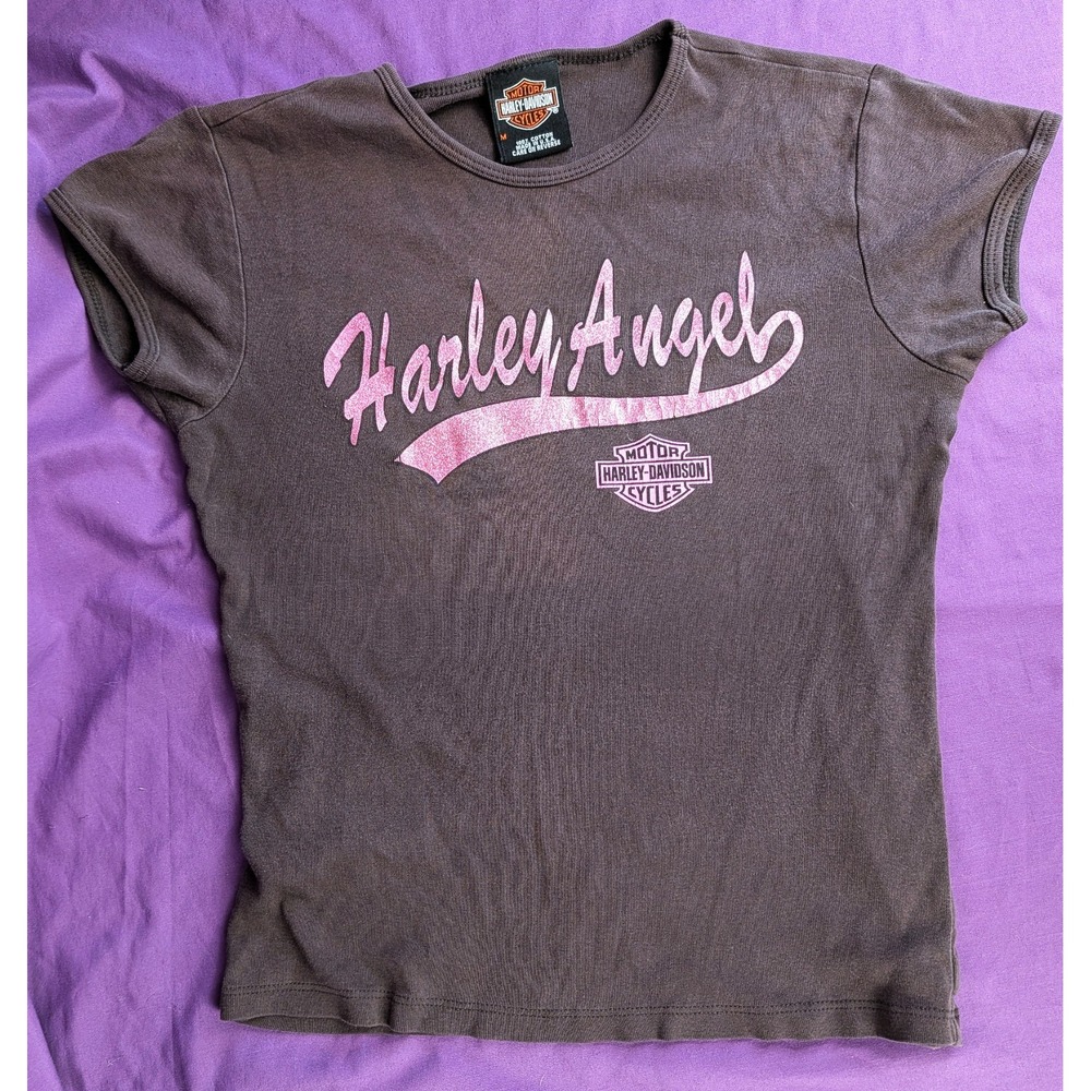 Pink Harley Angel Baby Tee Shirt M Brown with Pink Glitter Logo Wings Las Vegas